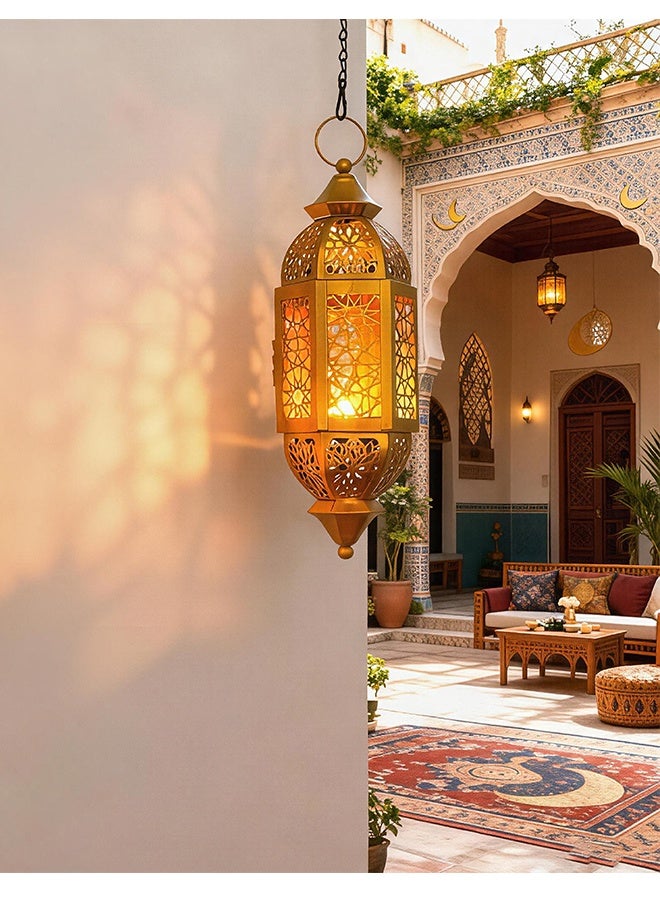 تركيبات إضاءة رمضان وفانوس مجوف بإضاءة الشموع - حرف يدوية على الطريقة المغربية، ديكور منزلي قديم الطراز مناسب للداخل والخارج وللإهداء - Image 3